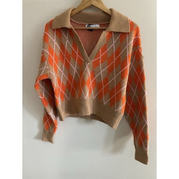Zara Orange and Tan Argyle Sweater - Picture 1 of 10